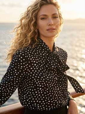 Spense Black and White Polka Dot Tie-Neck Long Sleeve Blouse - EK